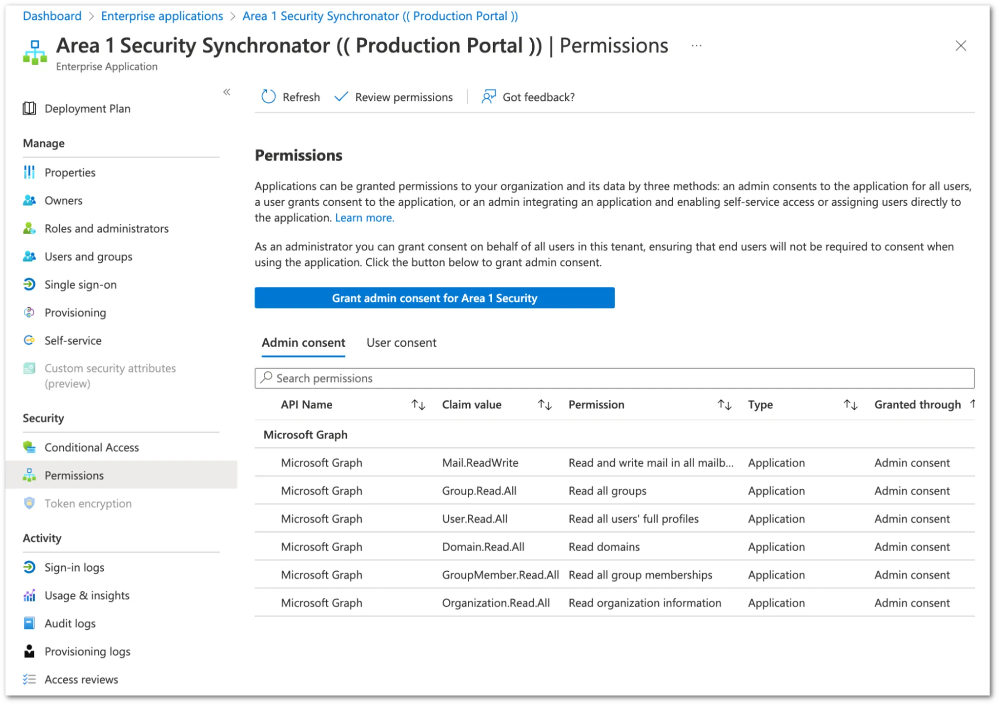 Permissions required for Email security to access Office 365