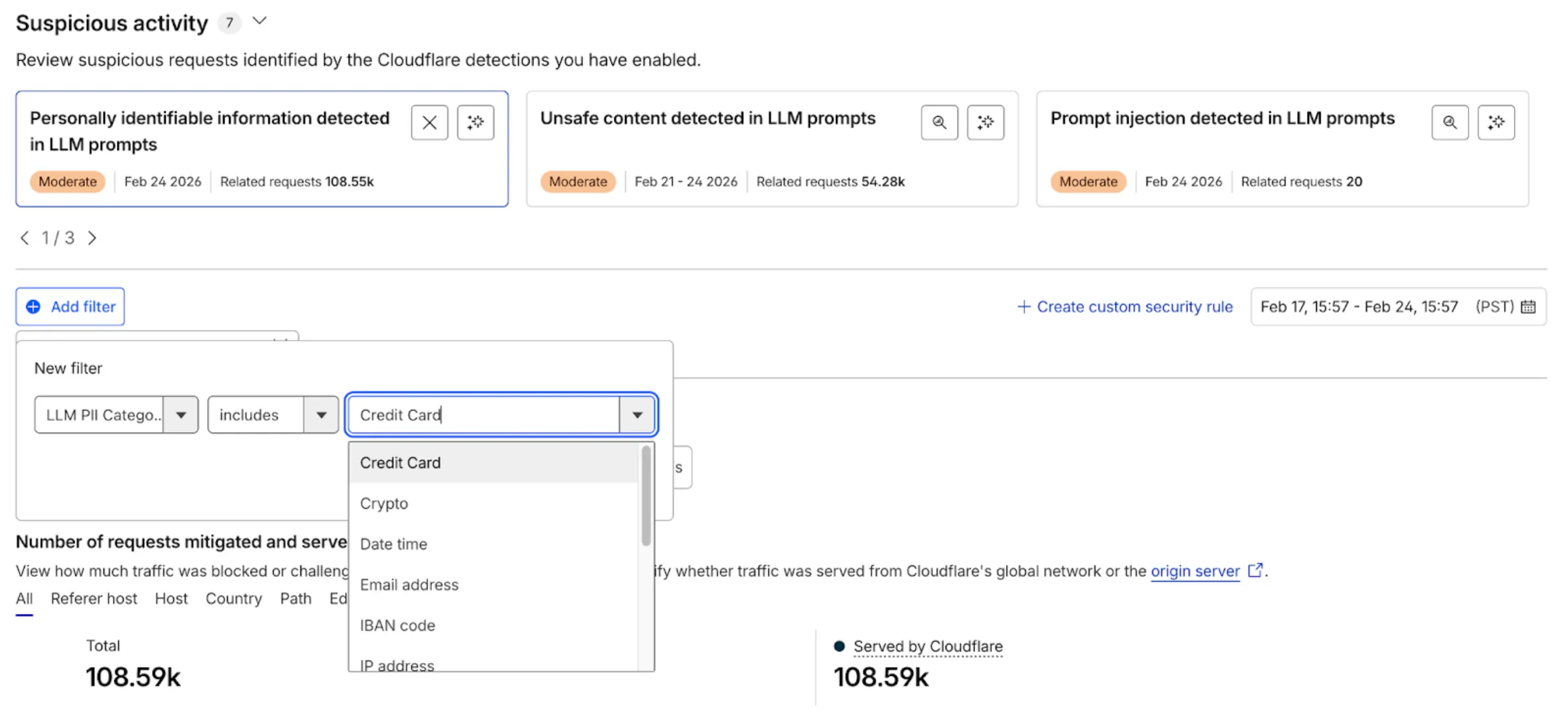 How to filter logs in the Cloudflare dashboard based on an AI-specific threat - "Credit Card"
