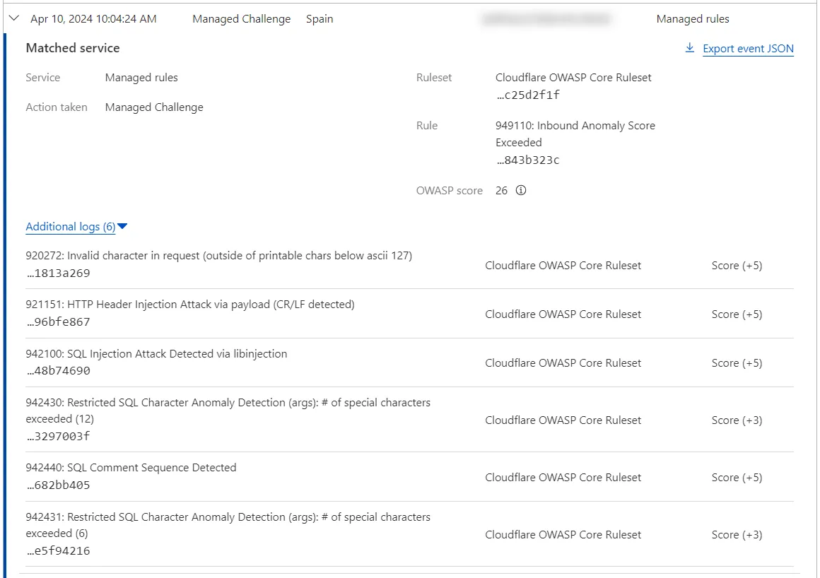 Event log for example incoming request mitigated by the OWASP Core Ruleset