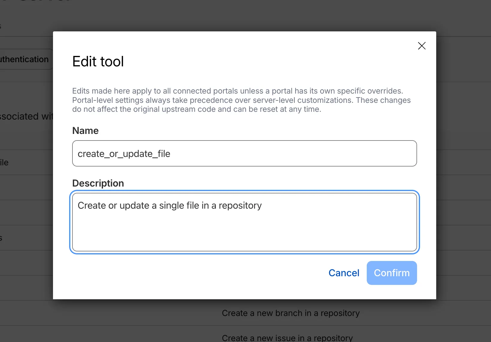 Edit tool modal showing name and description fields for an MCP server tool