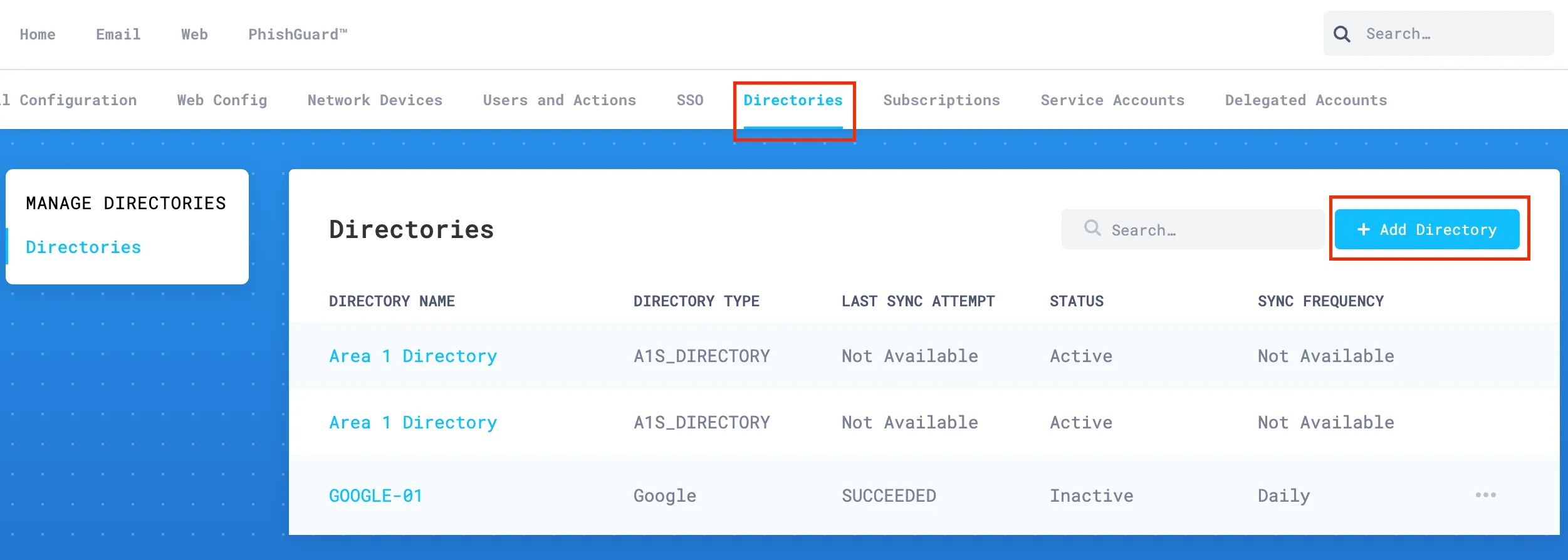 Go to Directories in the dashboard of Email security, and then select Add Directory to start the authorization process