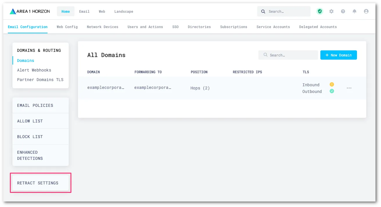 Access the retract settings in Email security