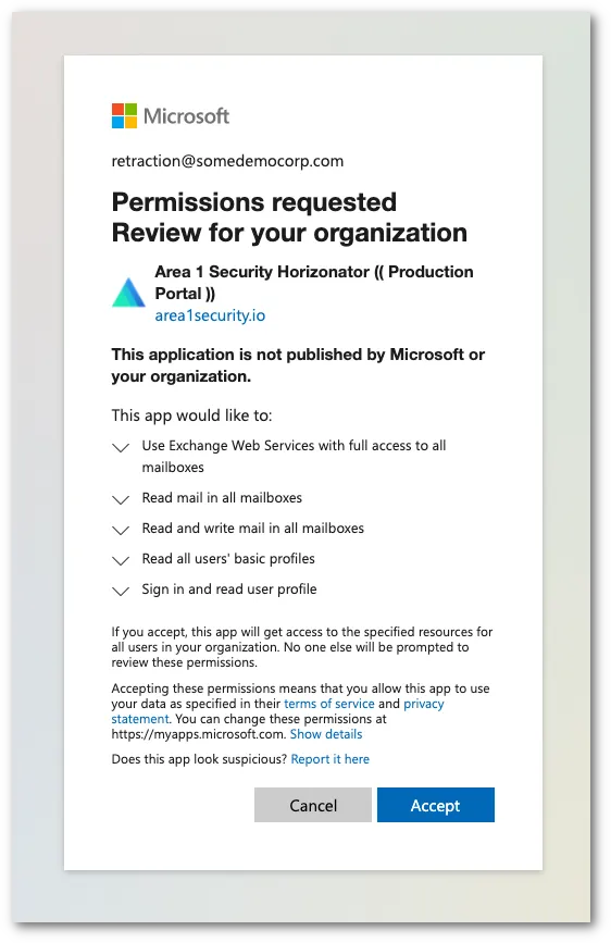 Select Accept to authorize Email security in Office 365