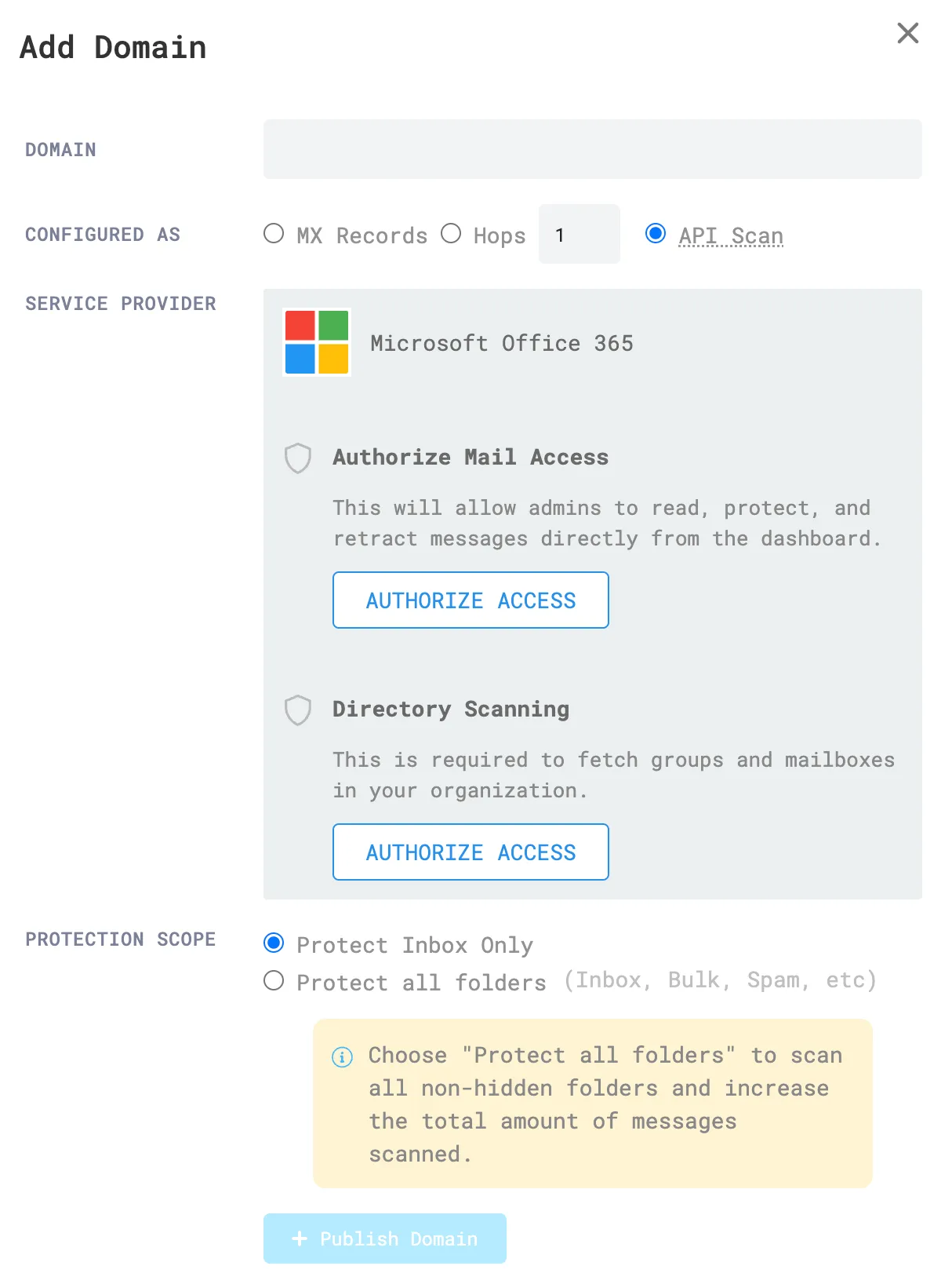 Select Authorize access to give the correct permissions to Email security