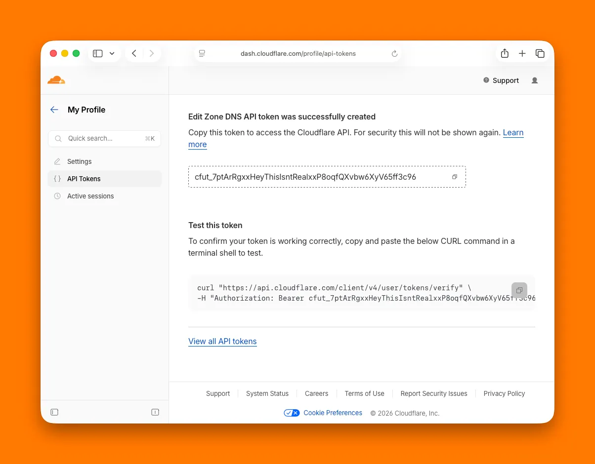 Page displaying your API token and the curl command to test your token